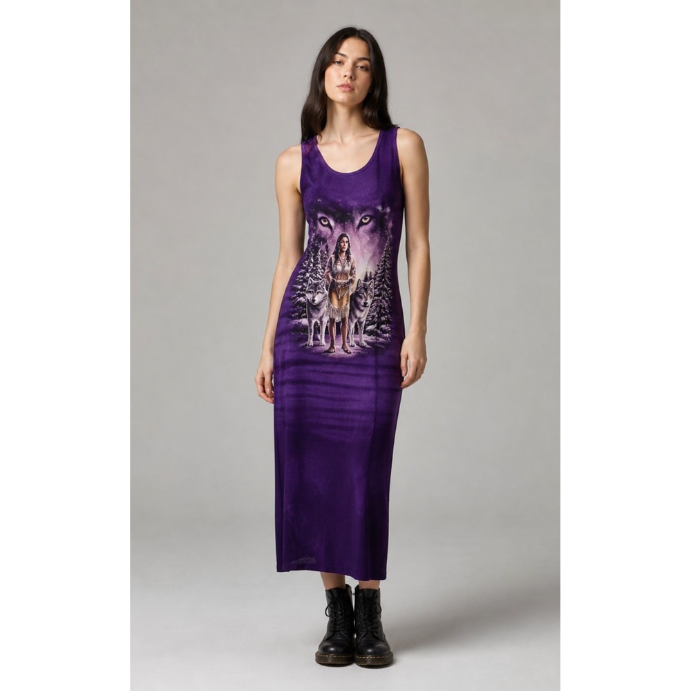 Creations by Sylvia Maxi Dress Womens XL Purple Tie Dye Wolf Native American VTG
